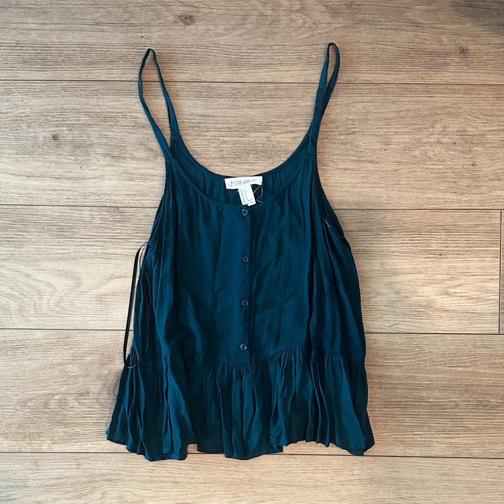 Forever 21 Teal Button-Front Ruffle-Hem Spaghetti Strap Cami